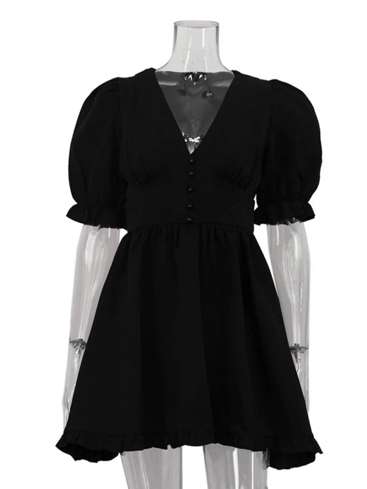 LIZAKOSHT  -  Deep V-neck Puff Sleeve Mini Dress Women Sexy High Waist Patchwork Button Fashion Slim Black A-line Club Party Dress