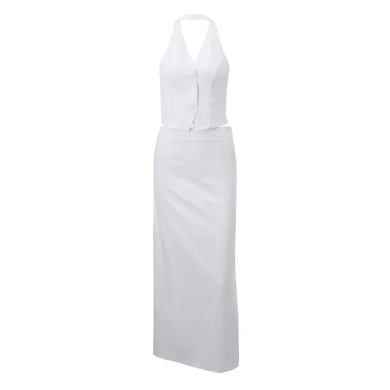 LIZAKOSHT  -  Halter Tank Top Skirt Set Women 2 Piece Single Breasted Backless Bandage Vest Split Long Skirt Matching Sets Lady Outfit