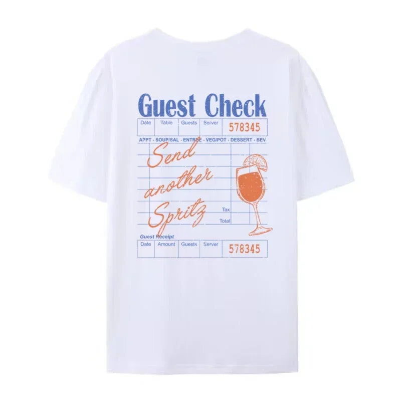 LIZAKOSHT  -  Guest Check Spritz Back Print T-Shirts Funny Cocktail Lover T Shirt Loose Cool Y2k Graphic Tees Unisex Summer Vintage Women Tops