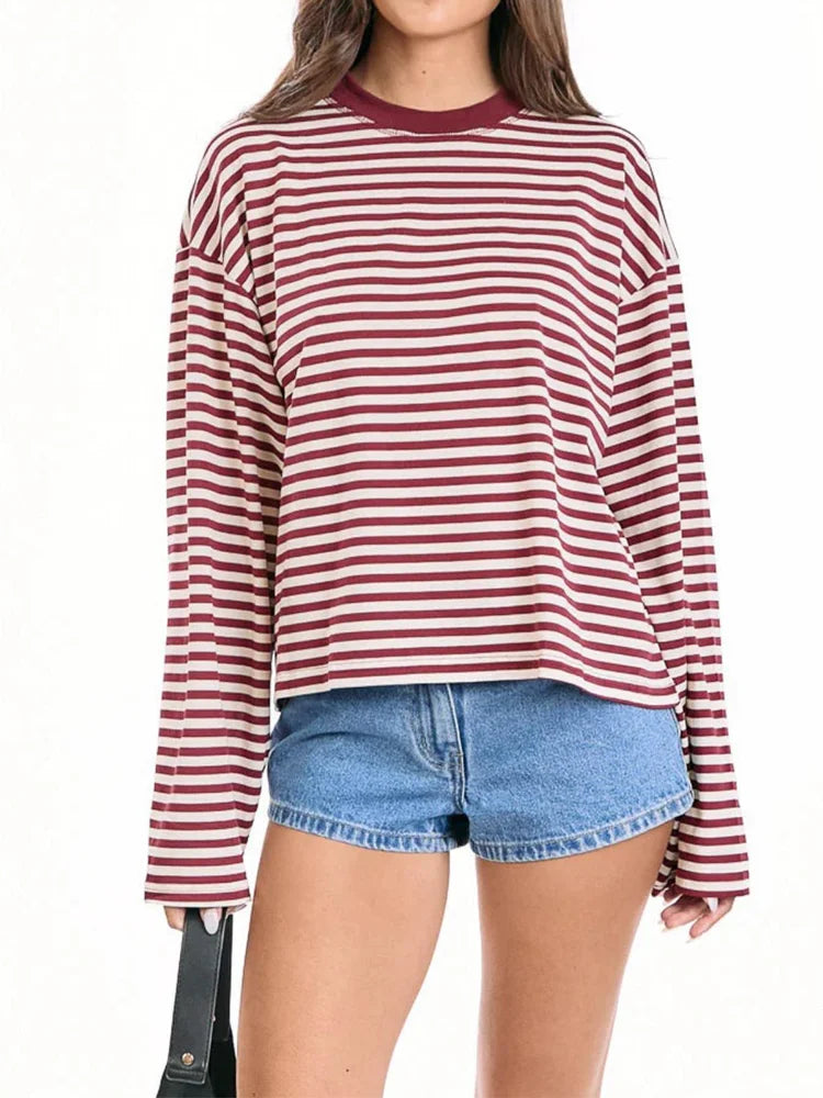 LIZAKOSHT  -  Elegant Striped Tops For Women O-neck Full Sleeve Loose Shirts 2025 Summer Fashion Female Daily Casual Oversize Outerwear