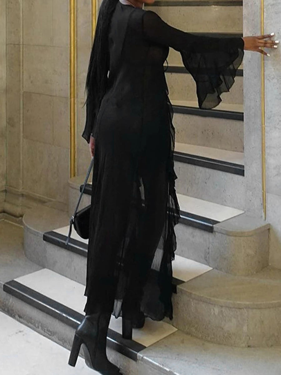 LIZAKOSHT  -  Women's Tie Up Long Cardigans Black Mesh Sheer Cover-ups See-Through Flare Long Sleeve Ruffle Trim Bandage Robes