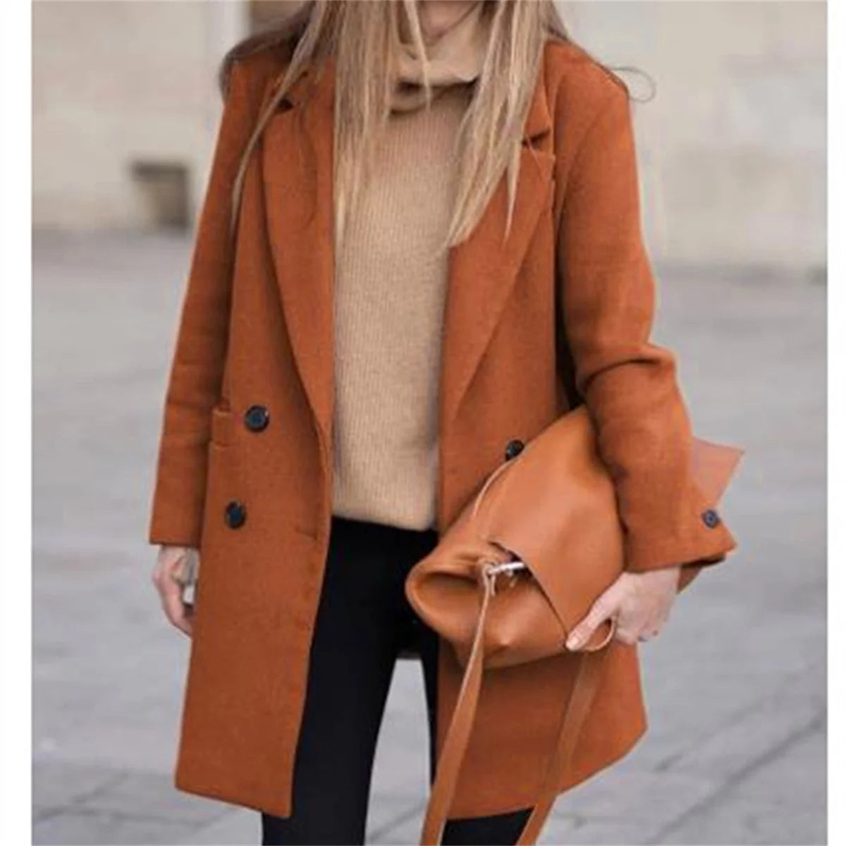 LIZAKOSHT  -  Women Lapel Double Breasted Coats Autumn Winter New In Fashion Jackets Sollid Color Lond Sleeve Pocket Jacket Lady Warm Outwears