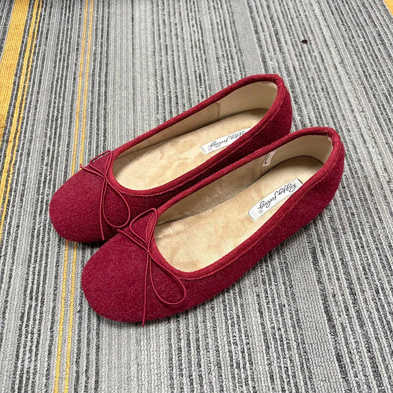 LIZAKOSHT  -  Winter Female Round Toe Ladies Flat With Plush Shoes  New Autumn Butterfly-Knot Fashion Fur Flats Slip On Shoes For Women Ballet