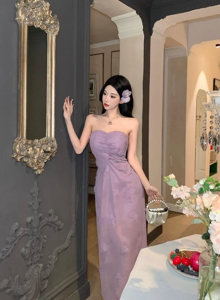 LIZAKOSHT  -  Woman Dress Sweet Sexy Strapless Flowers Slim Backless Vintage Elegant Summer Fashion Party Female Dresses Casual