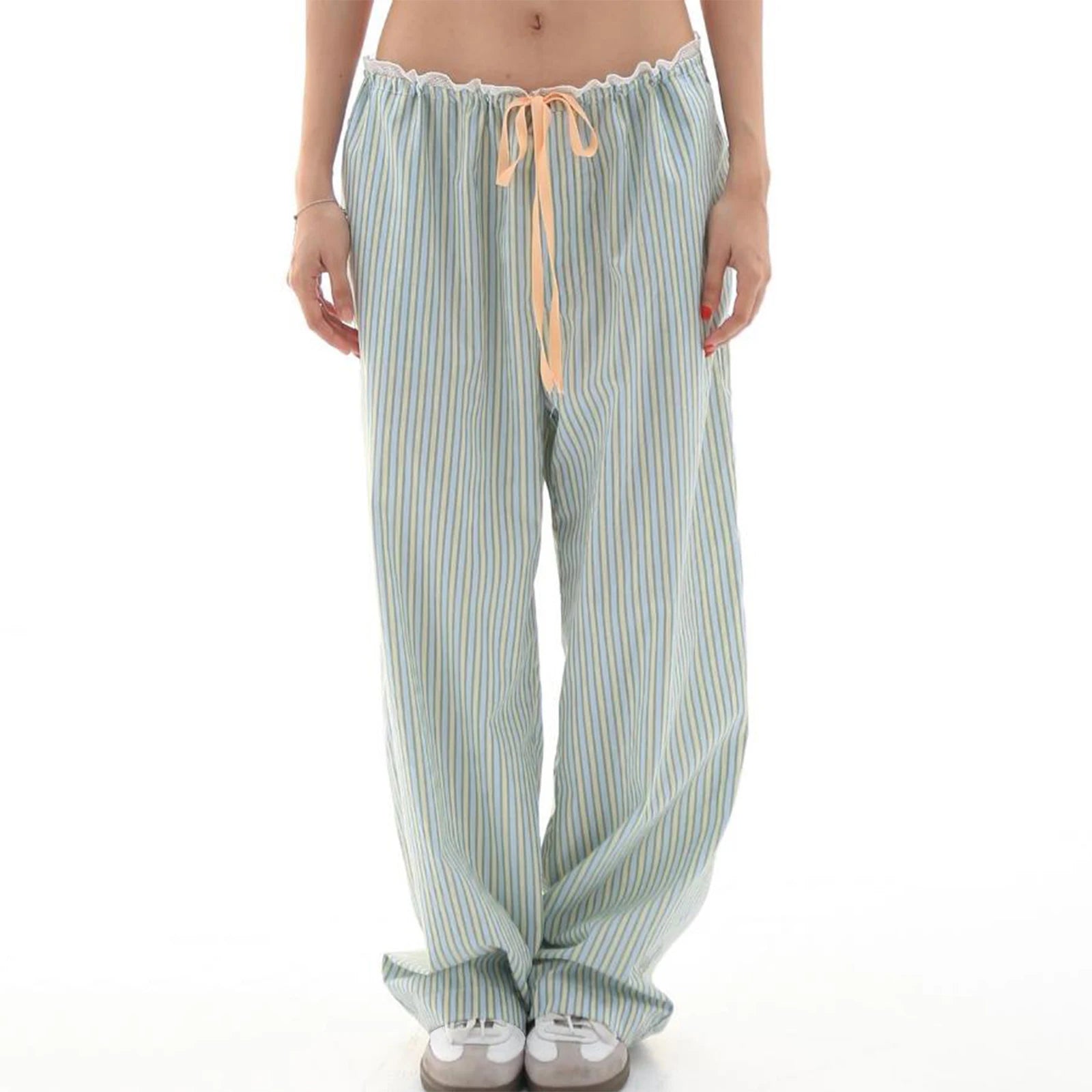 LIZAKOSHT  -  Women Wide Leg Pants Casual Loose Vertical Stripe Print Elastic Lounge Trousers with Pockets for Work Office Streetwear