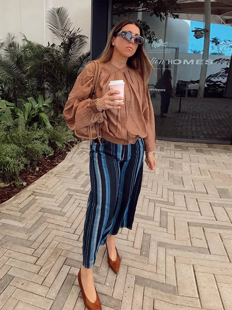 LIZAKOSHT  -  Women's Rushed Regular Shirt Puff Sleeve O-neck With Button Solid Loose Blouses Autumn Minimalist All-match Fashion Outwear