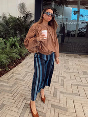LIZAKOSHT  -  Women's Rushed Regular Shirt Puff Sleeve O-neck With Button Solid Loose Blouses Autumn Minimalist All-match Fashion Outwear