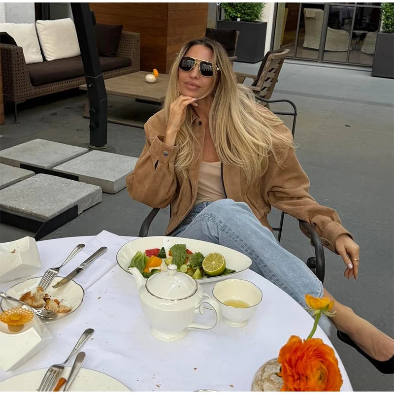 LIZAKOSHT  -  Elegant Camel Cropped Suede Jacket Women Lapel Full Sleeve Pocket Zipper Short Coat New Causal Autumn Lady Daily Streetwear 2025