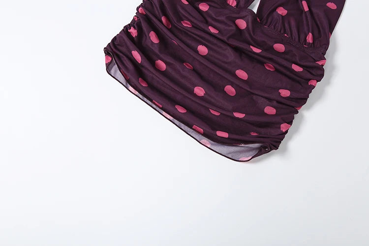 LIZAKOSHT  -  Polka Dot Print 2-Piece Set Hakter Bandage Backless v-Neck Vest+Folds Elastic Waist Skirt Vacation Elegant Suits