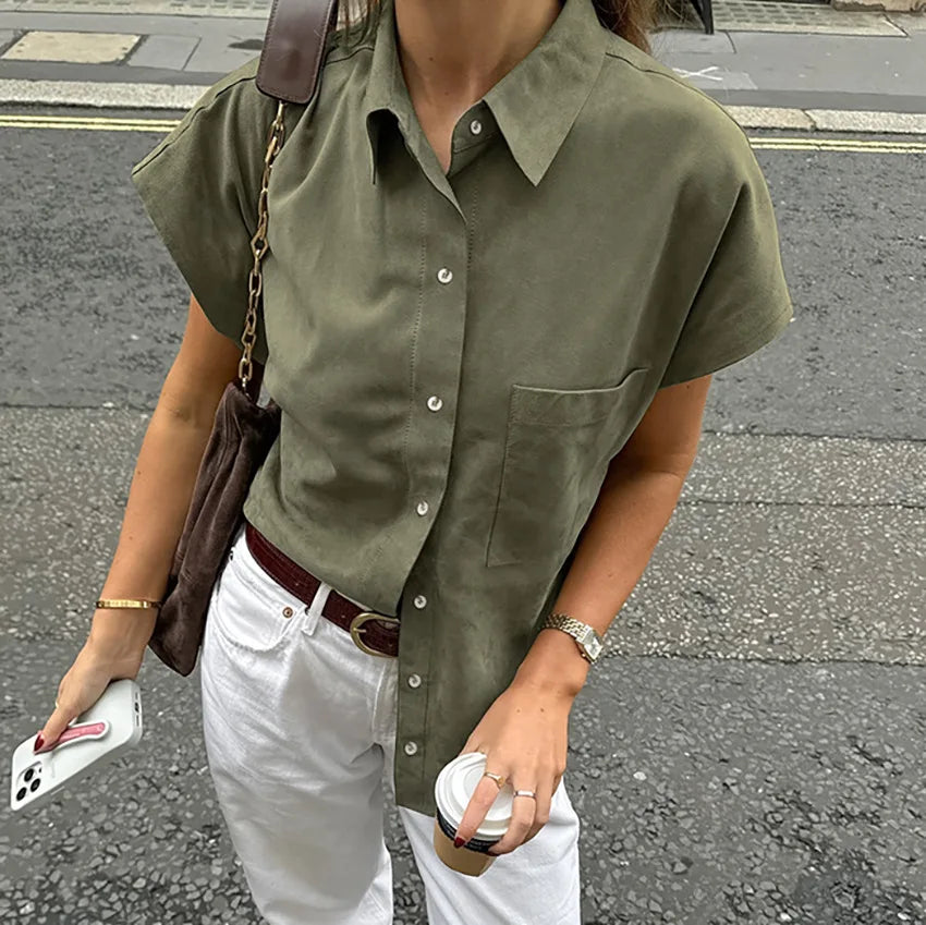 LIZAKOSHT  -  Summer 2025 Vintage Retro Green Blouse Shirt Women Turn-down Collar Single-breasted Pocket Sleeveless Casual Top For Women 55905