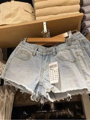 LIZAKOSHT  -  Casual Women Fashion Blue Washed Worn-out Ragged Denim Shorts Summer Vintage Solid Color Female Bottoms Mujer