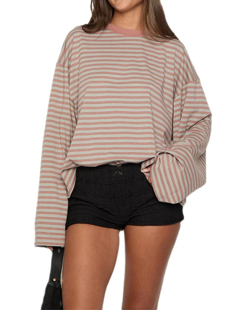LIZAKOSHT  -  Elegant Striped Tops For Women O-neck Full Sleeve Loose Shirts 2025 Summer Fashion Female Daily Casual Oversize Outerwear