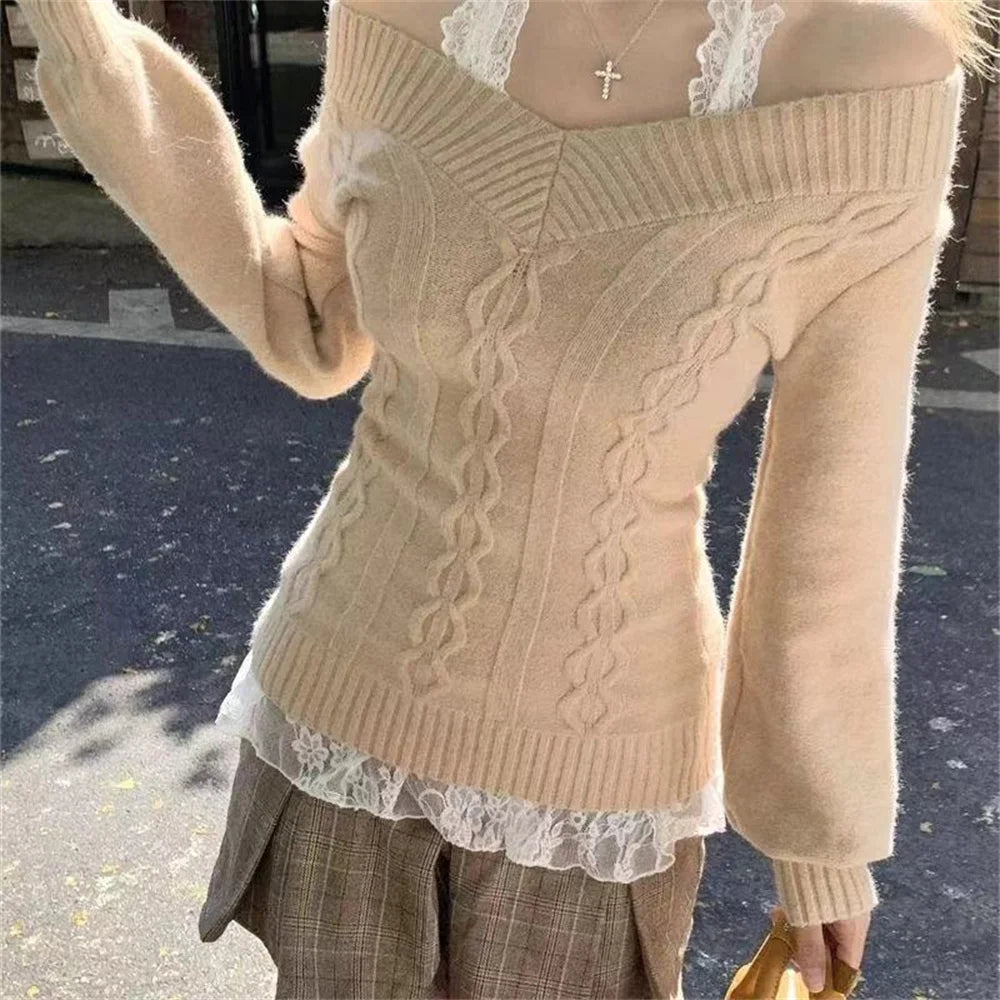 LIZAKOSHT  -   Ladies V-Neck Knitted Sweater Sweet Off Shoulder Loose Autumn Winter Outerwear Comfortable Long Sleeve Tops Grey Pullovers Tops