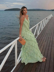LIZAKOSHT  -  Fashion Green Women Sling Maxi Dress Elegant V-neck Sleeveless Slim Dresses 2024 Summer Female Chic Beach Vacation Robes