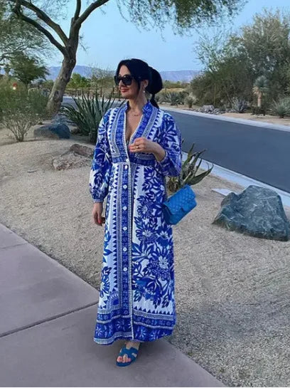 LIZAKOSHT  -  New Style Printed Long Dress with Slit Sleeves and V-Neck Casual Lace Beach Resort Dress