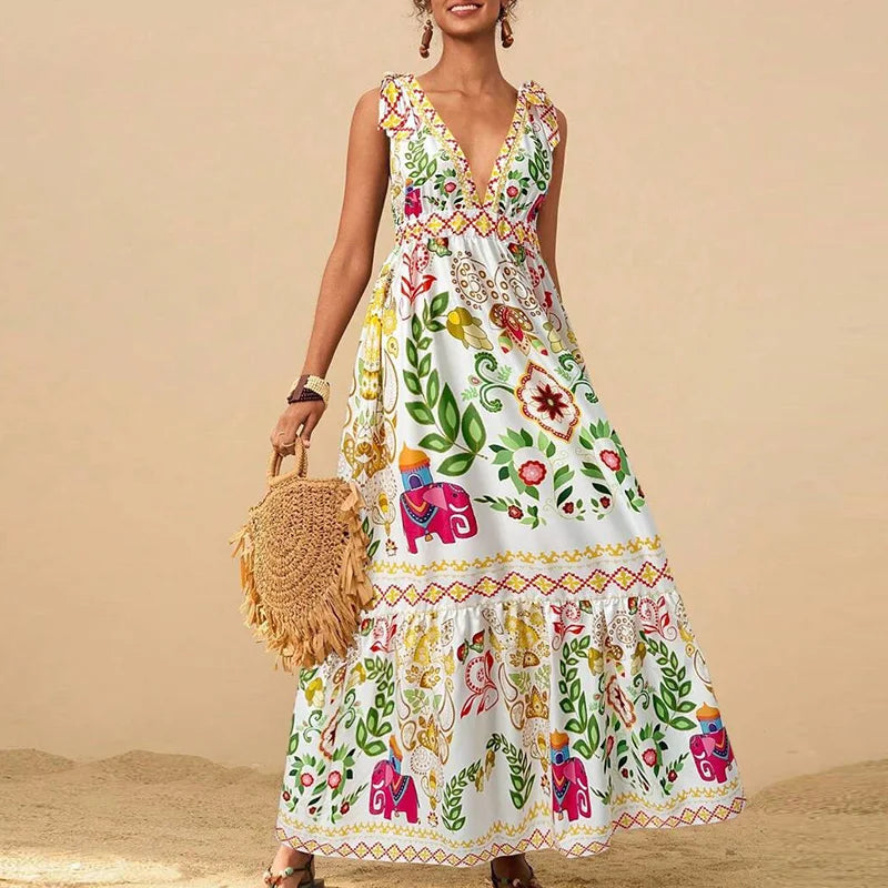 LIZAKOSHT  -  Women Fashion Print Loose Holiday Beach Dress Spring Double V Neck Backless Long Dress Summer Tie-up Sling Boho Maxi Dress Mujer