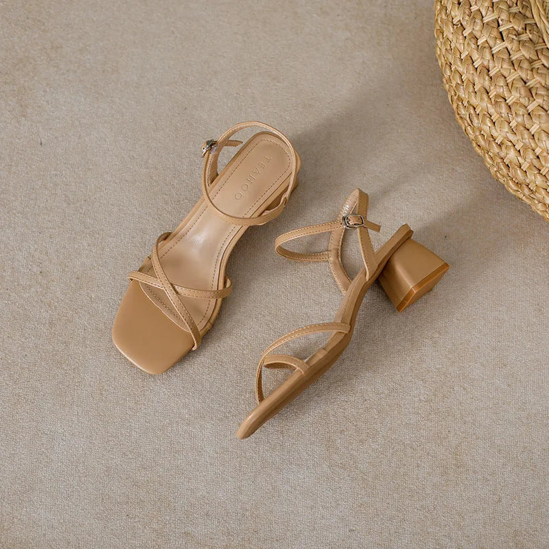 LIZAKOSHT  -  cross band high heels sandals women thick heel summer shoes solid color ankle strap gladiator sandalias de tacón