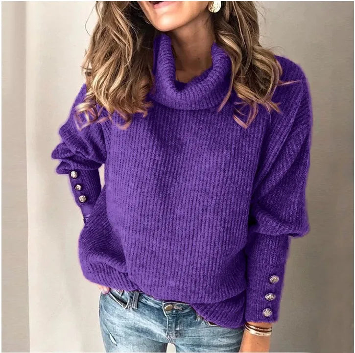 LIZAKOSHT  -  Solid Color Fashion Autumn Winter Women's New Button Hoodie High Collar Knitted Shirt Casual Comfortable Long Sleeve Top