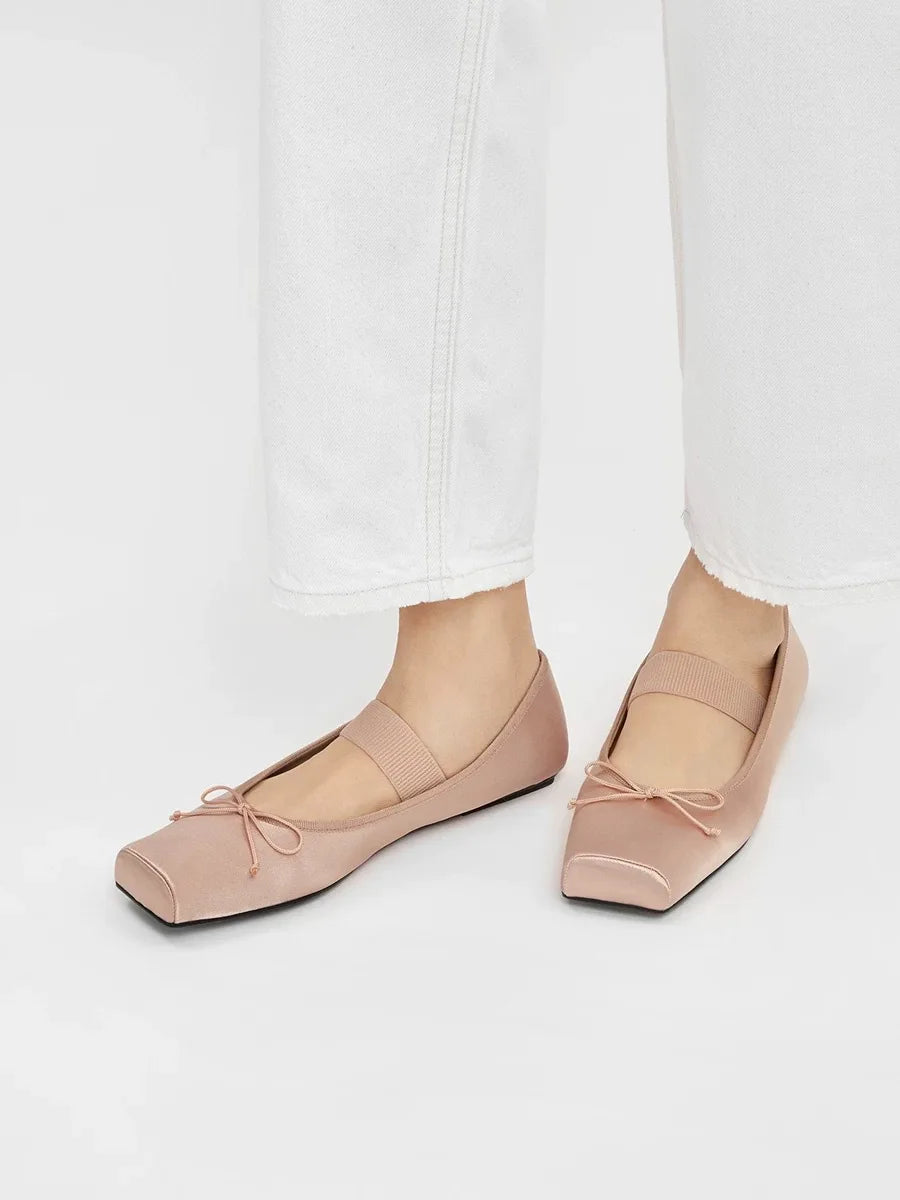 LIZAKOSHT  -  sweet pink silk flat shoes woman square toe bowtie ballet flats silver leather mary janes shoes elastic band moccasions women