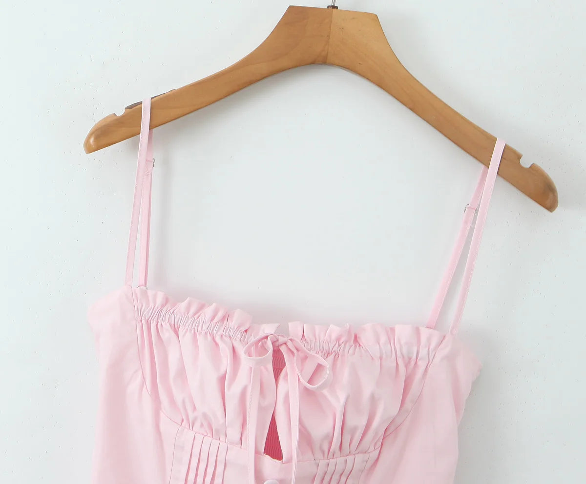 LIZAKOSHT  -  Summer Women Pink Bow Ruched Chest Corset Style Sling Dress Front Buttons Pleated Low Waist Ball Gown Swing Short Dresses Robe