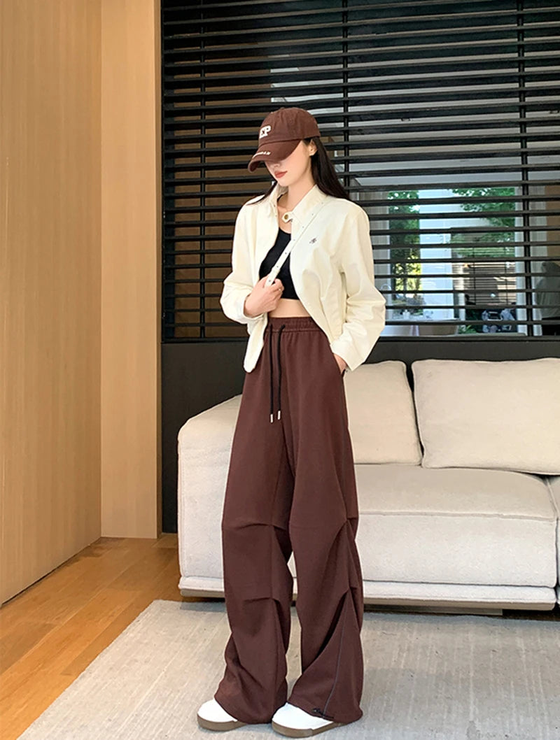 LIZAKOSHT  -  American Sweatpants Women  Fall Chic Fashion Casual Wide-Leg Pants Straight Parachute Loose Side Striped Soild Cargo Trousers