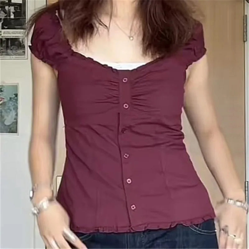 LIZAKOSHT  -  Women Y2k Fairy Coquette Shirt Cute Puff Short Sleeve Button Down Frill Trim Smocked Tops Aesthetic Grunge Streetwear