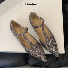 LIZAKOSHT  -  Luxury Designer Flats Mary Jane Shoes Bling Pointed Toe T-Strap Soft Sole Women Shoes Shallow Comfort Dress Shoes Zapatos Mujer