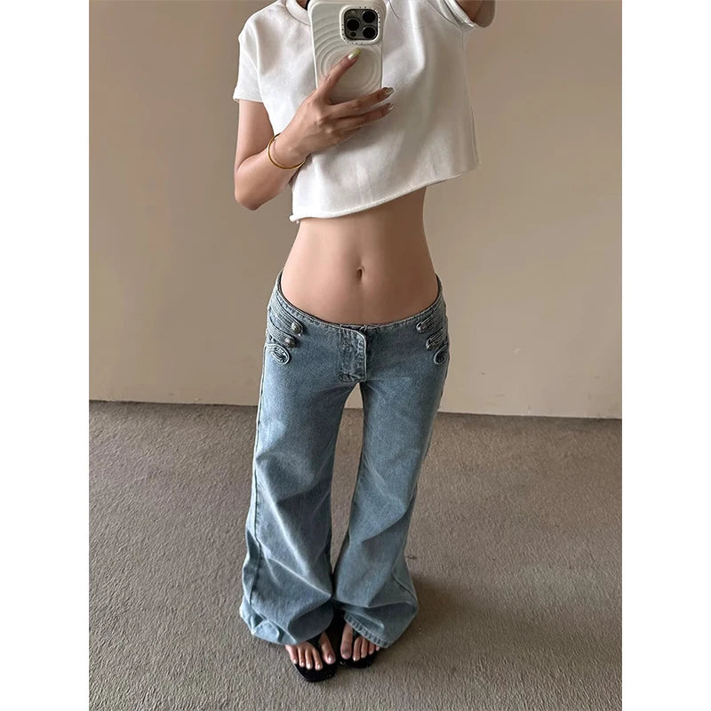 LIZAKOSHT  -  American High Street Washed Blue Personalized Loose Low Waist Button Design Women Jeans New Retro Loose Jeans