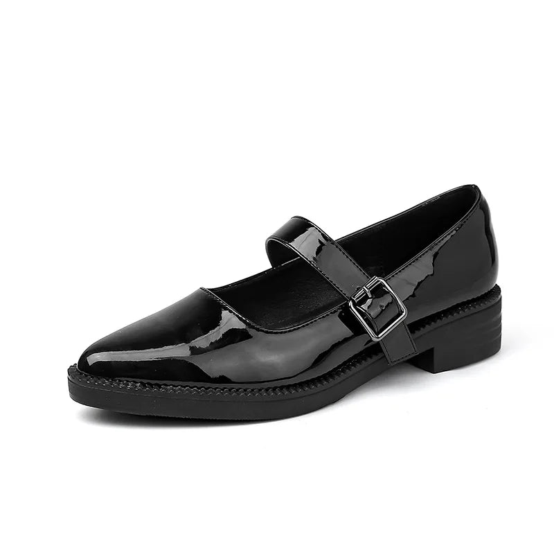 LIZAKOSHT  - Patent Leather Buckle Strap Oxfords Woman Pointed Toe Shoes Low Heel Flats Ladies Mary Janes Lolita Derby Loafers Femme Sneakers