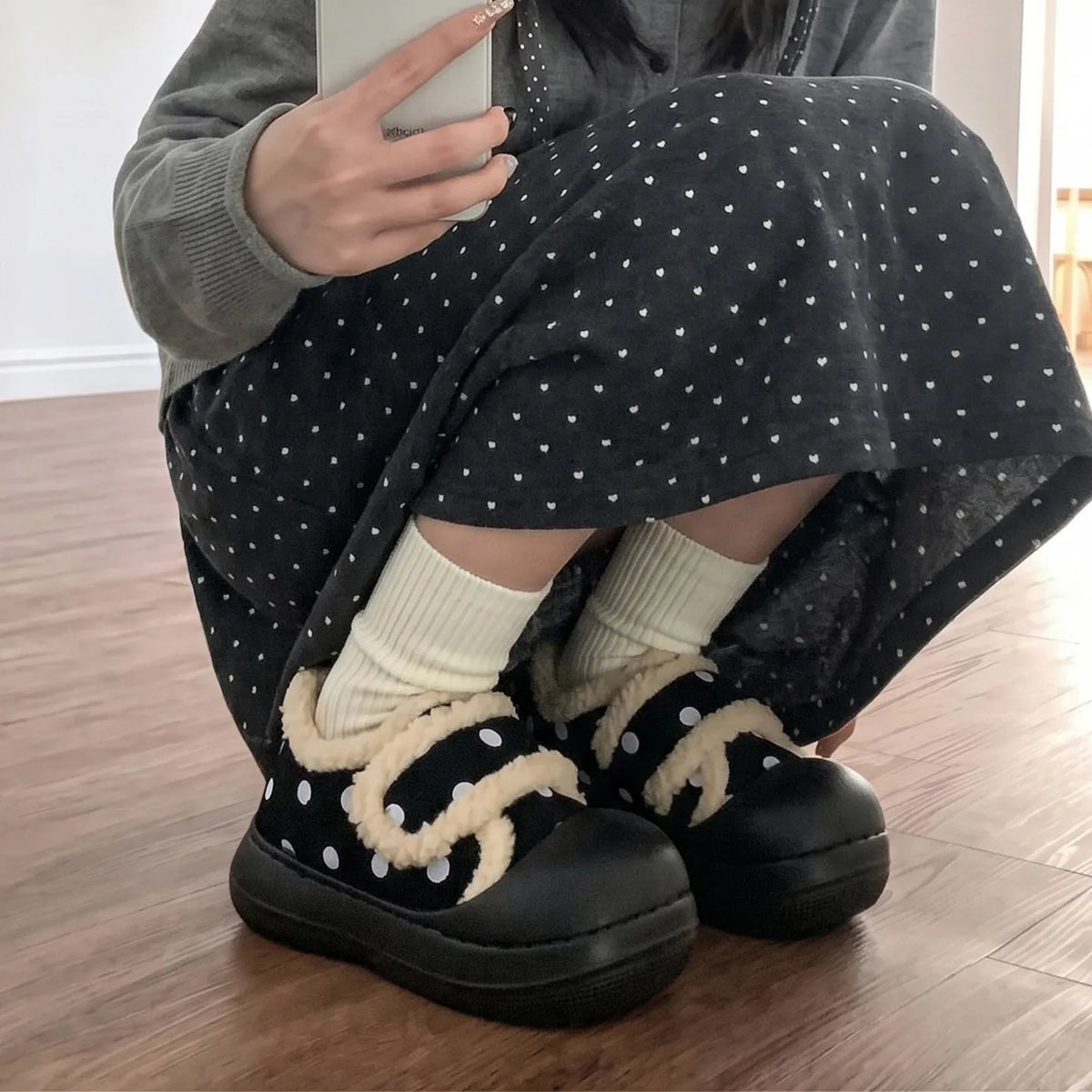 LIZAKOSHT  -  Women's Polka-Dot Velcro Cotton Shoes Lovely Outdoor Non-Slip Thick Fleece Versatile Casual Minimalist Warm Soft