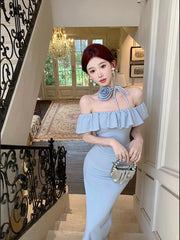 LIZAKOSHT  -  Women Slash Neck Ruffled Strapless Evening Dress Summer Sexy Flower Halter Temperament Waist Slim Fit Long Dresses Robe