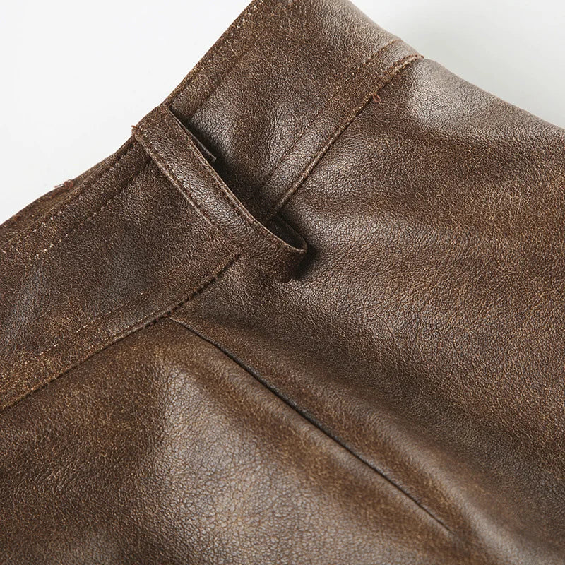 LIZAKOSHT  -  Y2k Brown Faux Pu Leather Low Waist Mini Skirts for Women Pockets Button Vintage Femme Club Streetwear Sexy Autumn Skirt