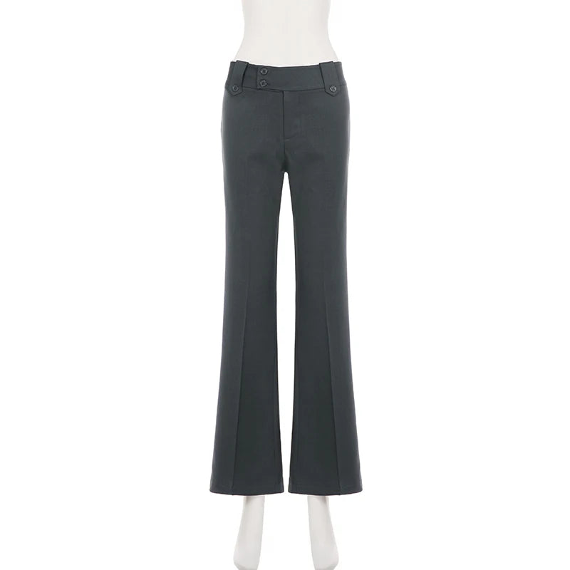 LIZAKOSHT  -   Women Low Waist Flare Suit Pants Double Button Slim Bootcut Trousers Solid Dark Gray Vintage Office Business Casual Streetwear