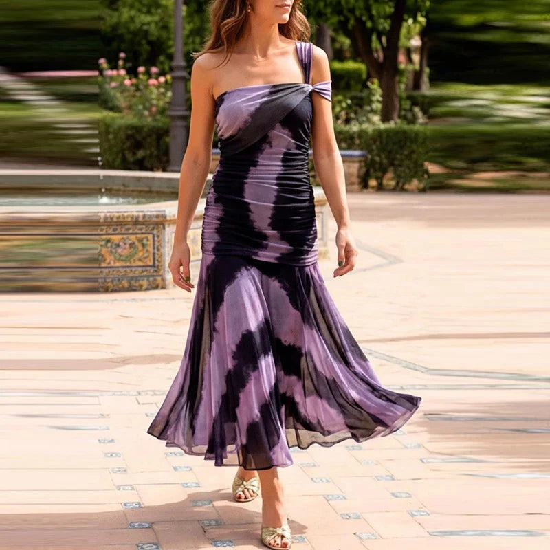LIZAKOSHT  -  Elegant Sleeveless Hight Waist Slim Fit Gowns Women Fashion Draped Long Party Dresses Sexy Strapless Pattern Print Summer Dress