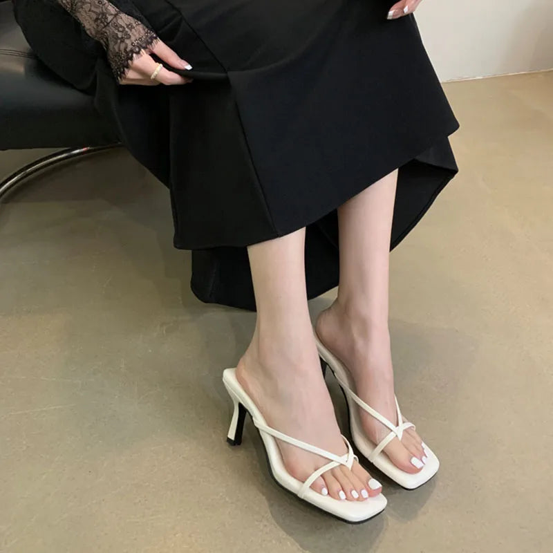 LIZAKOSHT  -  Summer High Heels Slipper Women Sandals French Style Lazy Style Narrow Band Slipper Design Slides Vacation Flip Flops Mujer
