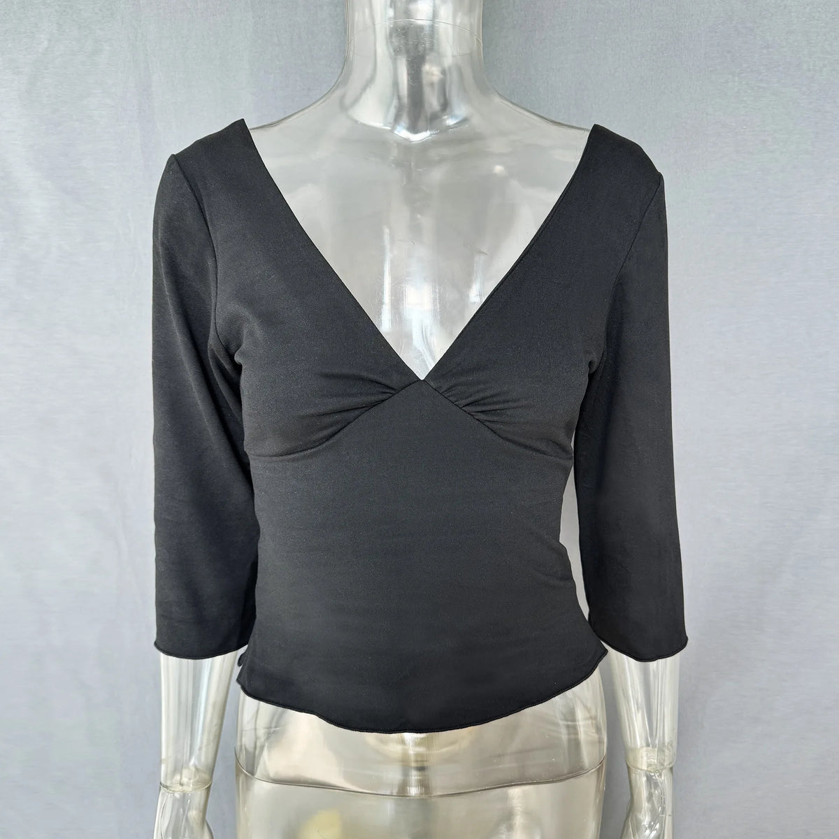 LIZAKOSHT  -  Summer Solid Slim Long Sleeve Women's Tops Sexy Deep V-neck Ruched Backless Crop Tops T-shirts Y2k Top Female Chic Tanks