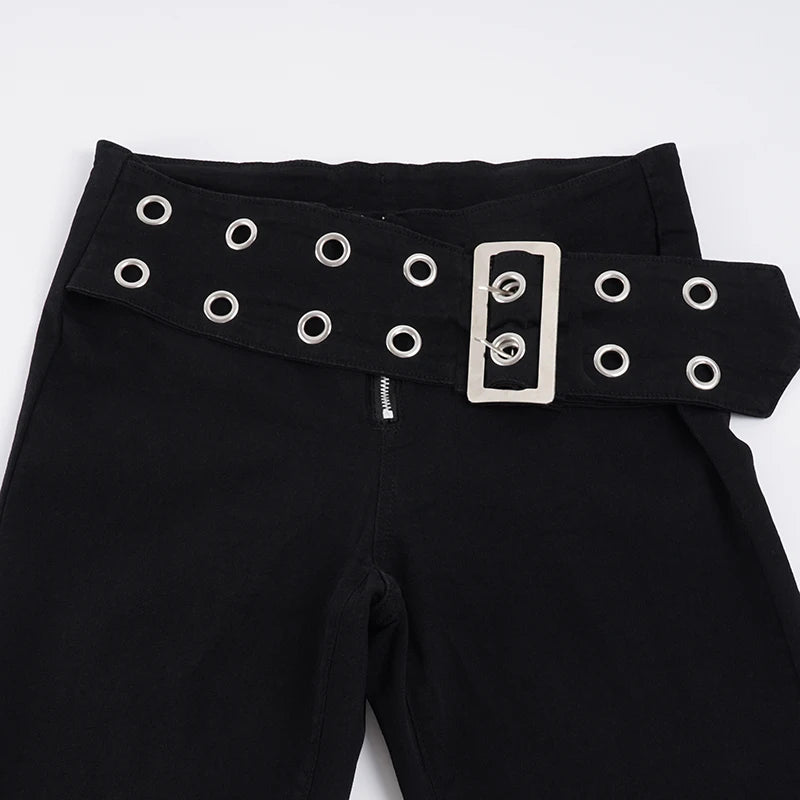 LIZAKOSHT  -  Y2k Heavy Duty Eyelet Belt Flared Jeans Punk Grunge Low-Waist Slim Skinny Denim Trousers Aesthetic 2000s Pants Fashion