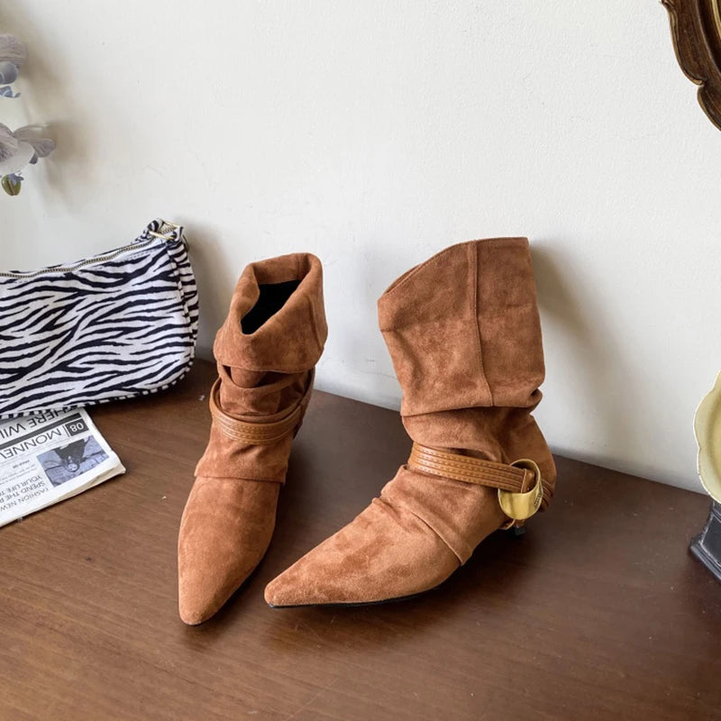 LIZAKOSHT  -  Autumn Fashion Low Heel Ankle Boot Women Slip On Pointed Toe Shoes Mordern Short Booties Zapatos De Mujer