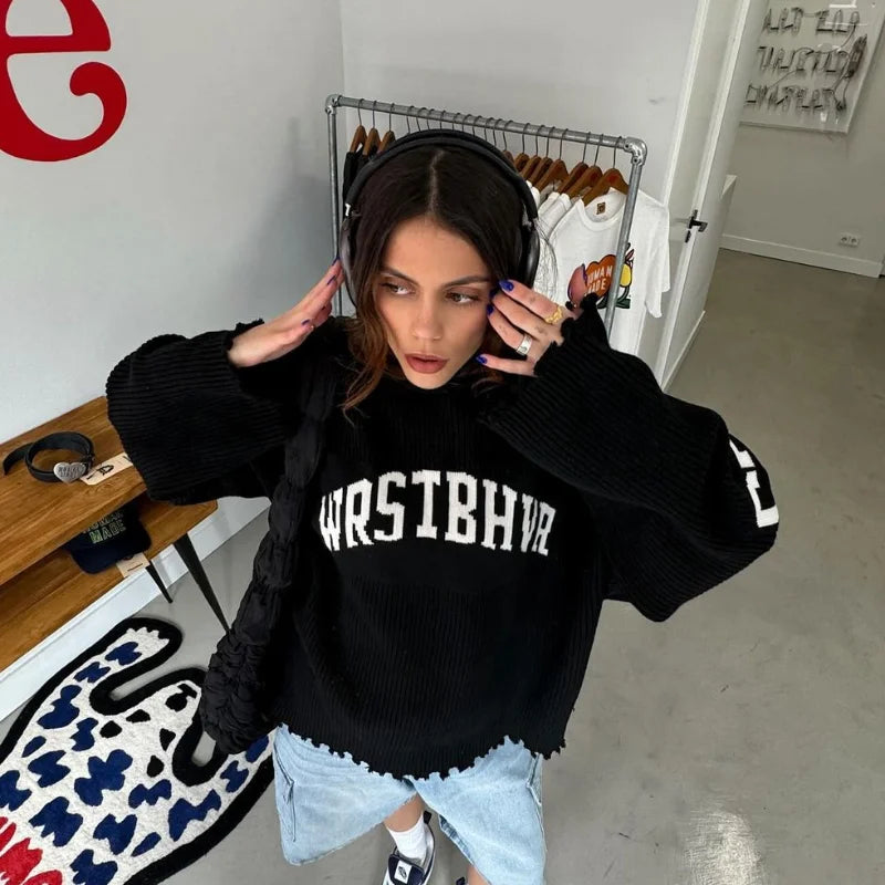 LIZAKOSHT  -  Fashion Letter Printing Knit Sweater For Women Casual O-neck Distressed Hem Oversized Pullover Lady Autumn Streetwear Tops
