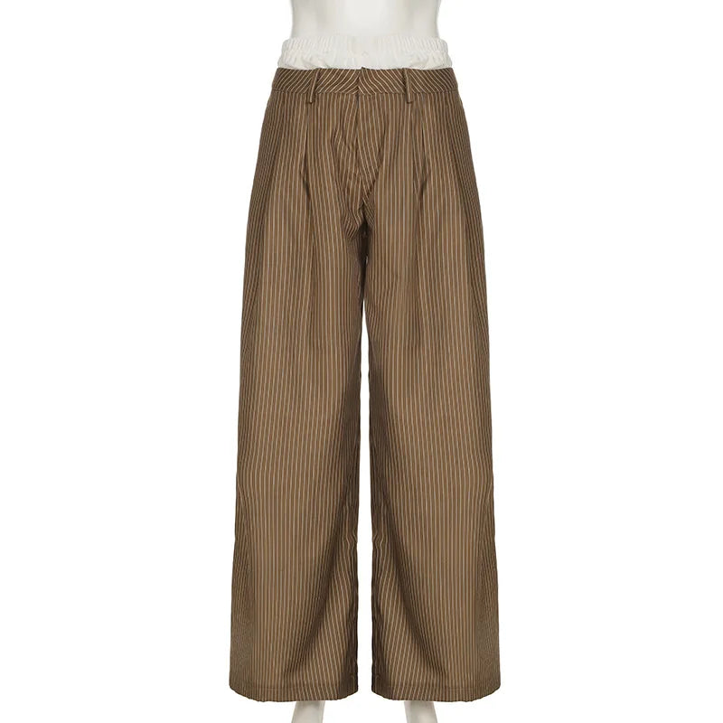 LIZAKOSHT  -  Summer New Cross Border Waist Patch Stripe Casual Pants Simple Drape Contrast Straight Suit Pants