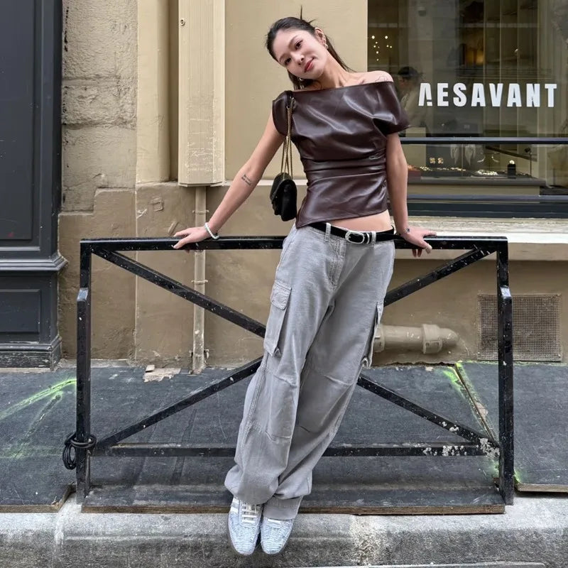 LIZAKOSHT  -  The 2025 Summer New Women's Irregular Leather Top Y2k High-quality and Fashionable High Street Pleated Cinched Waist Casual Vest