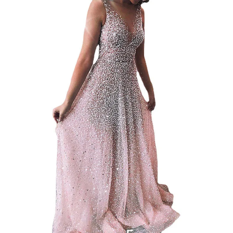 LIZAKOSHT  -  Evening Gown Floor Length Dr Sparkling Long Skirt V Ne mid Waist Polyester Fiber Spring Season Princ Sle