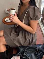 LIZAKOSHT  -  Plaid Waist Cinched Mini Dress Casual V-neck Short Sleeved Lace Up Slim Fit A-line Women Dresses Lady Daily Commute Vestido