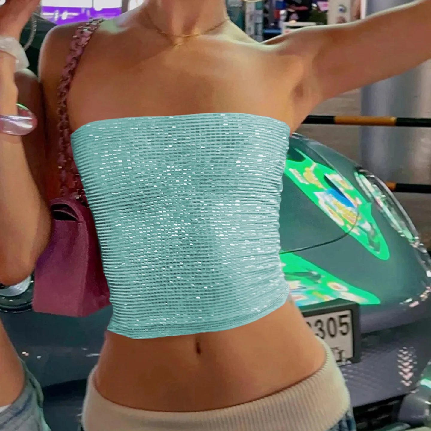 LIZAKOSHT  -  Women Sequin Decal Sleeveless Crop Top With Exposed Navel Elastic Tight And Sexy Spicy Girl Outfit Fashion Party Club Dress Up