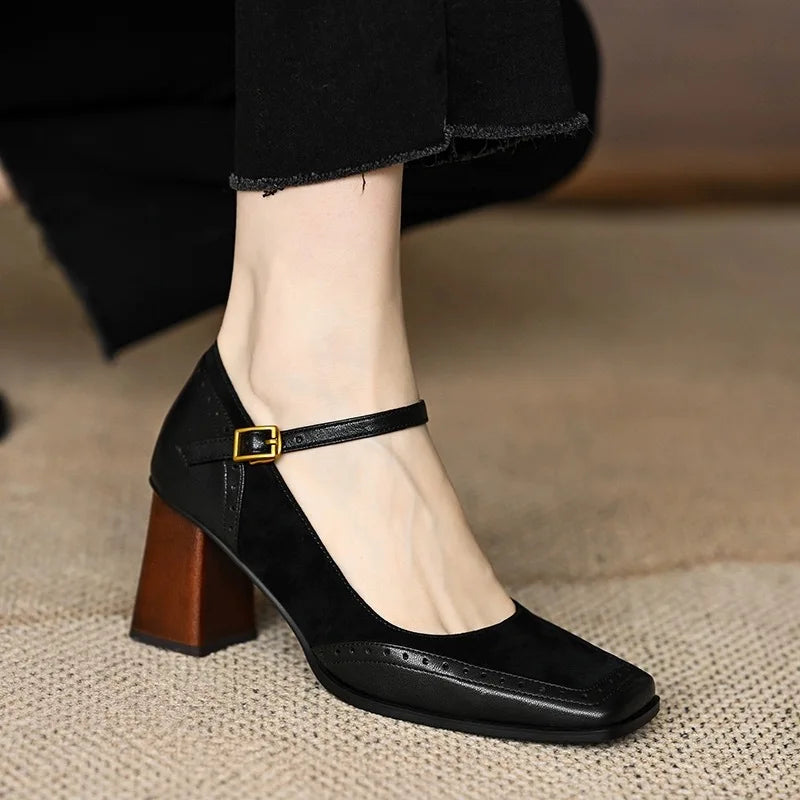 LIZAKOSHT  -  New Fashion French Style Women's  Shoes Square Toe Chunky Heel Thick Sole Buckle Slip-On Pumps Vintage Sandals for Ladies