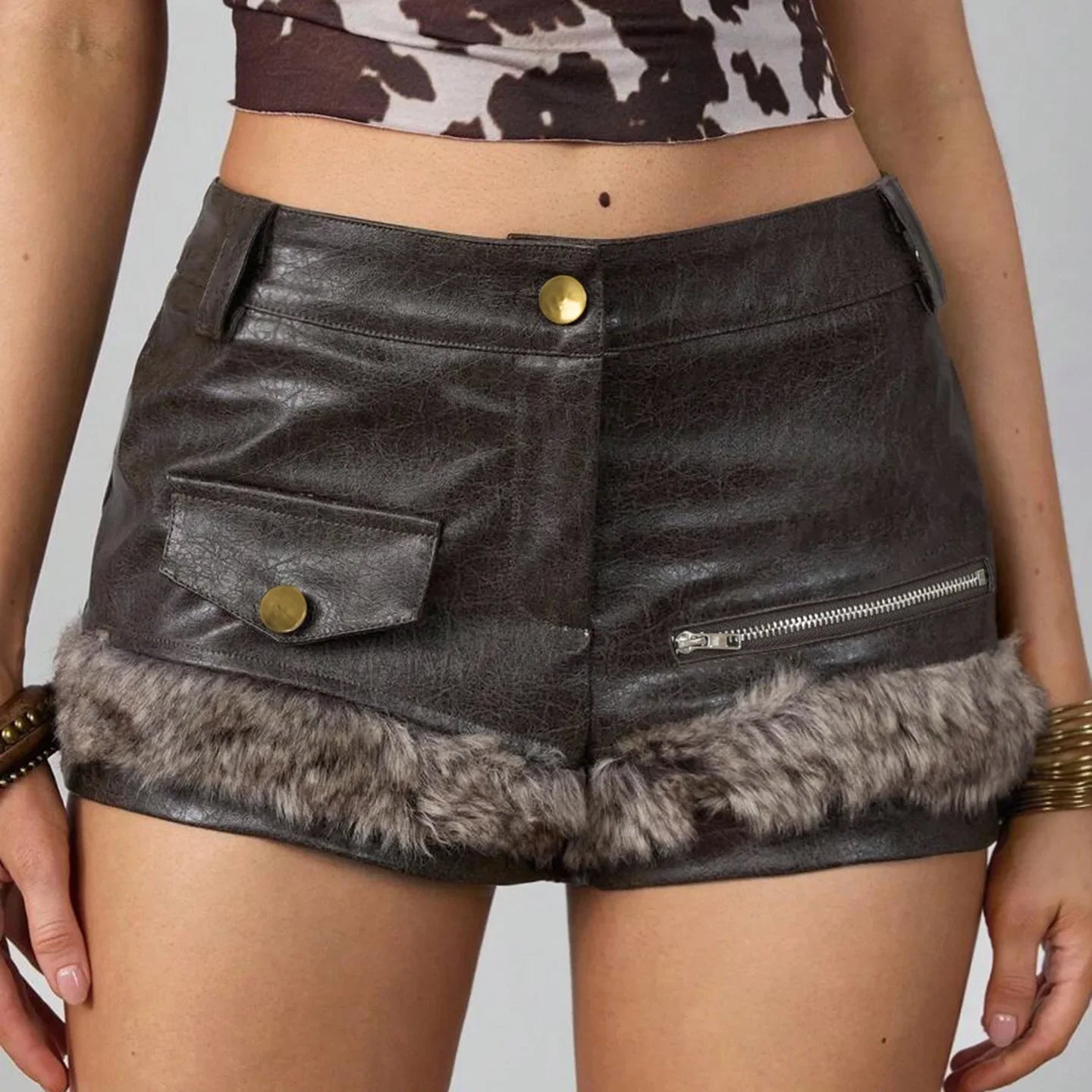 LIZAKOSHT  -  Women Fluffy Faux Fur Patchwork PU Leather Shorts 2025 Fall Winter Button Fly Medium Waist Slim Casual Streetwear Night Clubwear