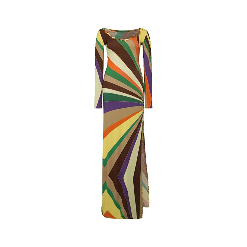 LIZAKOSHT  -  Women's Dresses Rainbow Outerwear Print Bodycon Maxi Dress Long Sleeve Summer Trendy High Slit Casual Evening Gown Woman Clothes