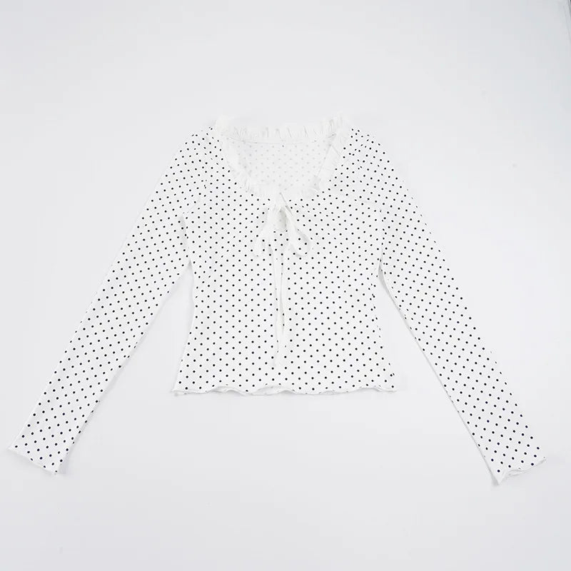 LIZAKOSHT  -  Women Y2K Lace Patchwork Polka Dot Long Sleeve Tee Hollow Out Tie Front Ruffled Slim Top Casual Streetwear Fashion Tee