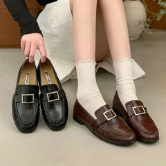 LIZAKOSHT  -  Retro Soft Leather Designer Flat Shoes Women Belt Buckle Pleated Design Comfort Loafers British Style Brand Office Shoes Ladies