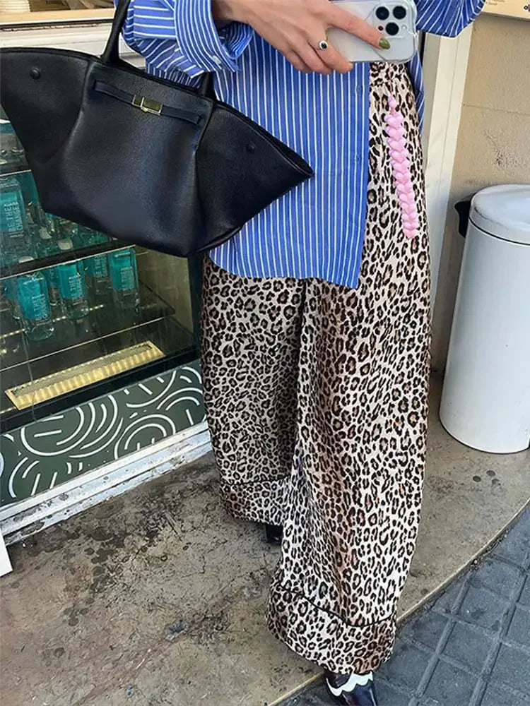 LIZAKOSHT  -  Vintage Leopard Print Wide Leg Pants For Women Fashion Casual High Waist Trousers 2024 Spring New Female Commuting Streetwear